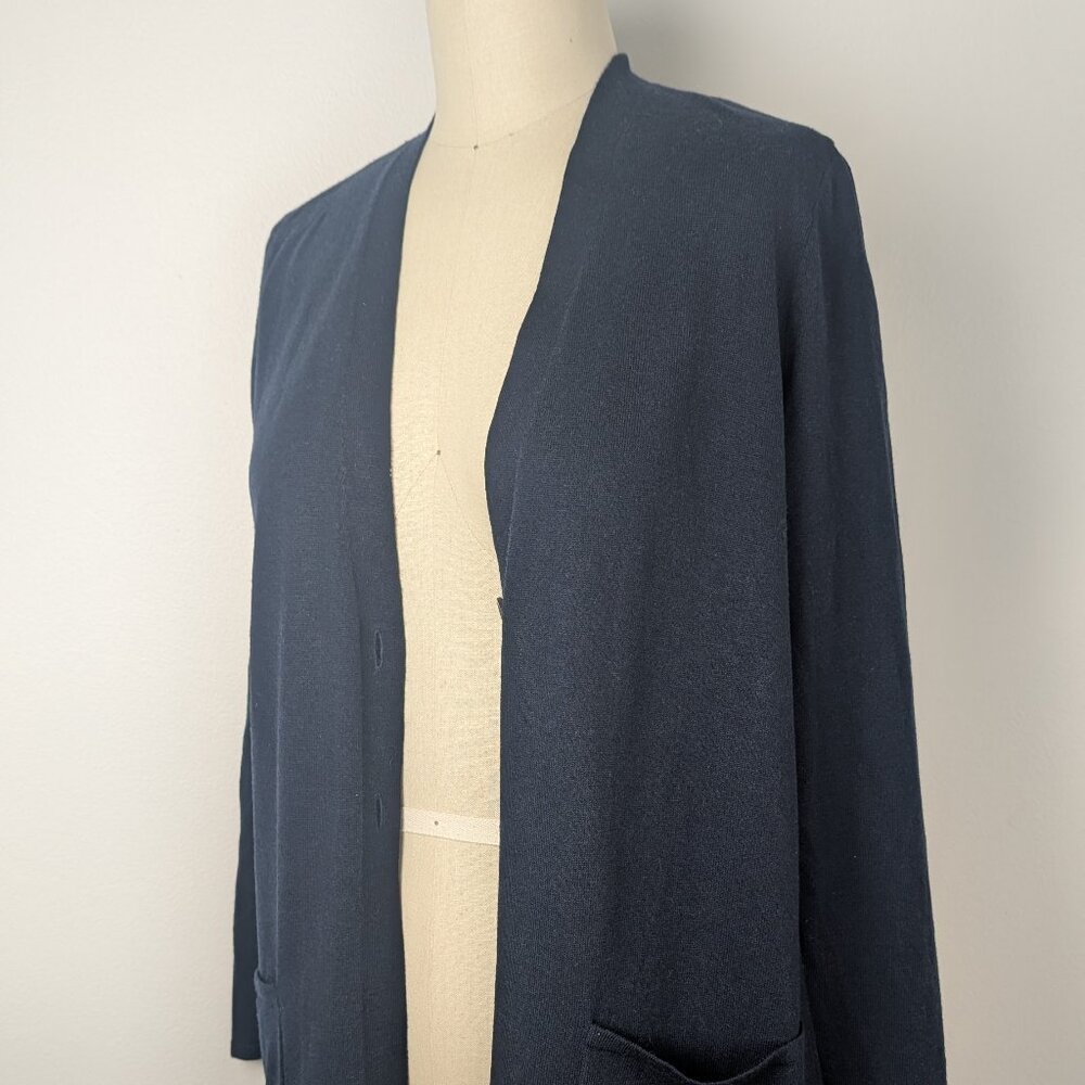 J Jill Cardigan Sweater Womens Small Long Oversized Wool Blend Navy Button
